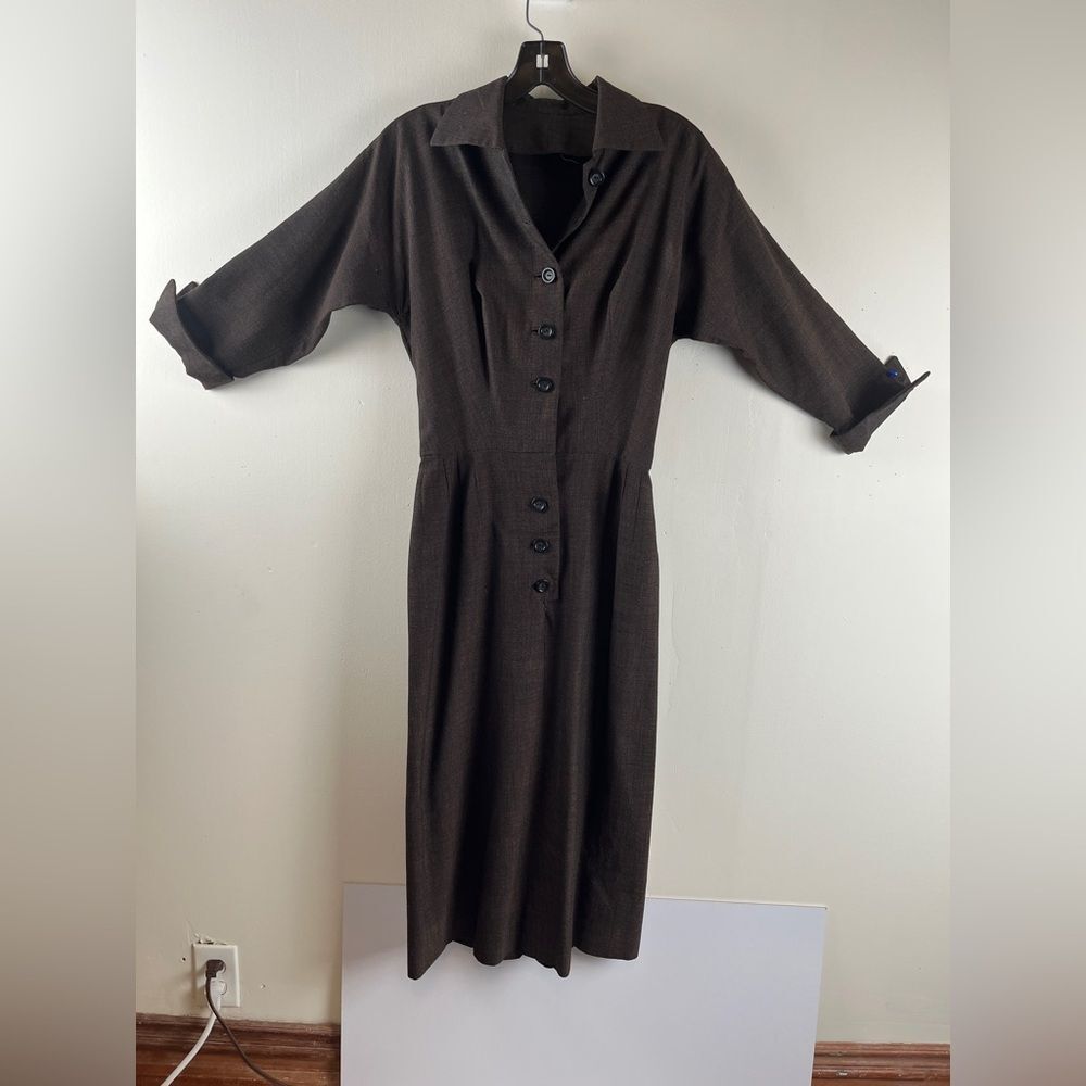 Vintage 50s Brown Pat Harty Linen Long Sleeve Pointec Button Down Dress XS